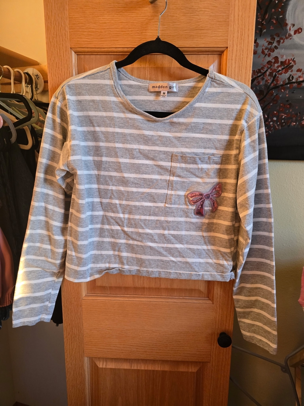 Madden Girl Gray and White Striped Long-Sleeve Tee with Pink Bow Pocket